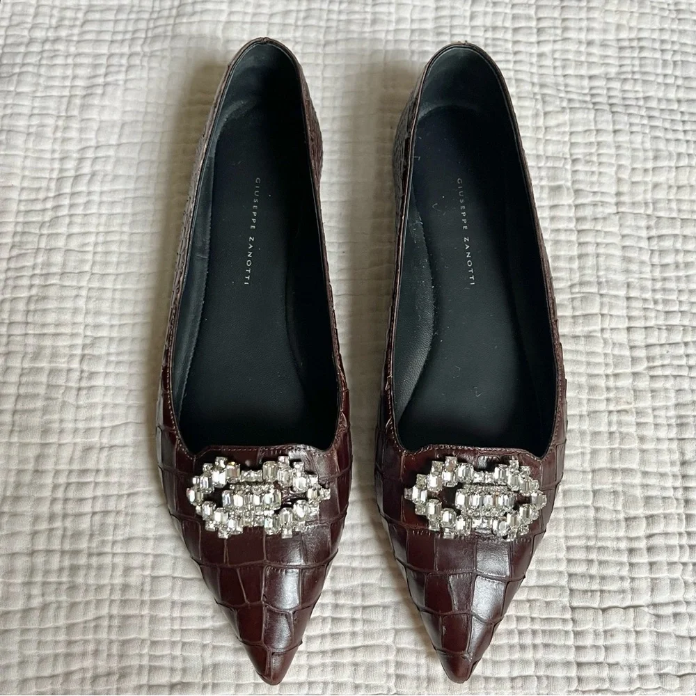 Giuseppe Zanotti Rhinestone Croc Leather Pointed Toe Ballet Flats 38.5